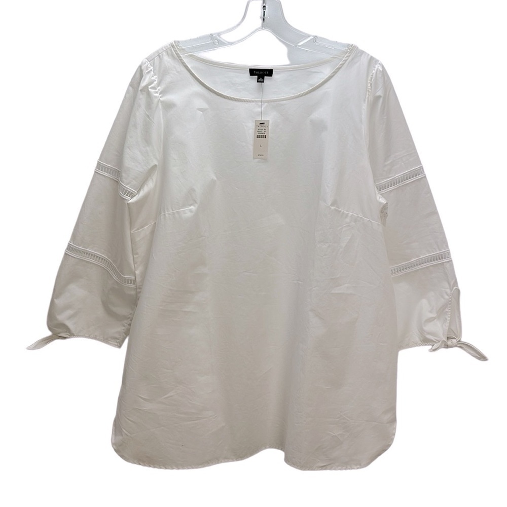 Talbots White Poplin Cotton Tunic Top L Tie Cuffs Cutout Lace on Sleeves Summer